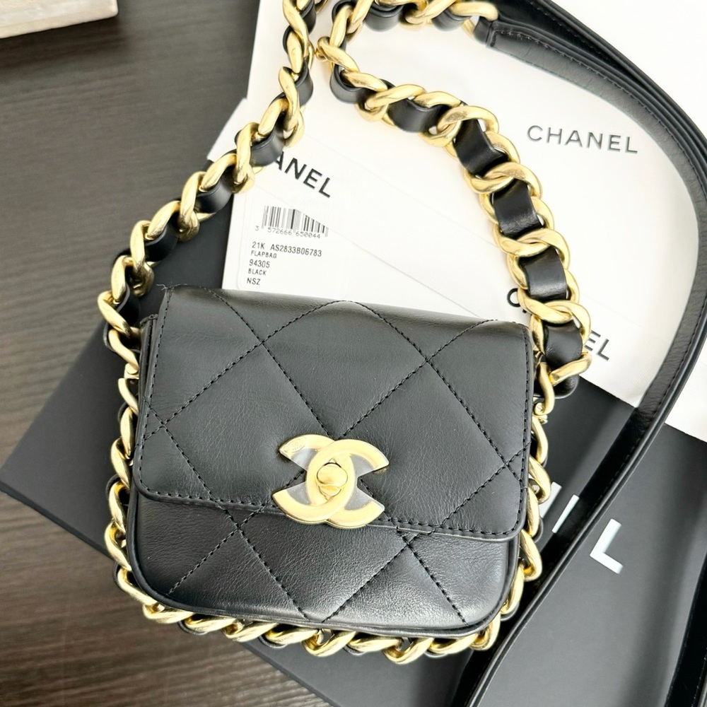 CHANEL 2021 Calfskin Quilted Mini Framing Chain Crossbody Bag in Black